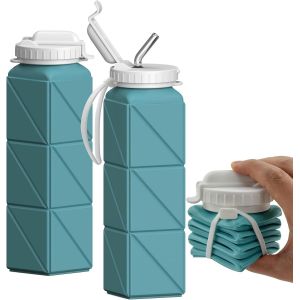 Eryi-Lot De 1 Bouteille D'eau Pliable Avec Paille - Bouteille D'eau Portable En Silicone - Légère, Réutilisable, Étanche - Pour Voyage, Camping, Randonnée, Cyclisme, Yoga, Sport - Bleu - Neuf