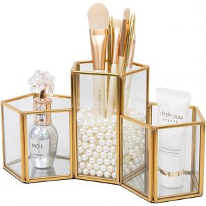 Or - Porte-pinceaux de maquillage en verre - Organiseur de maquillage doré - Organiseur de commode vintage - Neuf