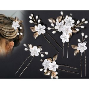 Kal-5 Pièces Accessoires Pour Cheveux De Mariée Perles De Fleurs De Mariage Accessoires Pour Cheveux Bijoux De Mariée Peigne À Cheveux En Forme De U Mariage Compatible Avec Les Femmes Filles (Or) - Neuf