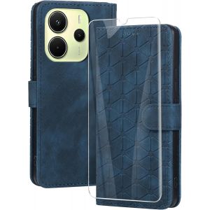 KAL-Coque Pour Xiaomi Redmi Note 14 4G Avec Verre Tremp&eacute;,Housse En Cuir Pu Porte Carte Portefeuille, Etui De Protection &Agrave; Rabat Magn&eacute;tique,Pochette Fermeture Anti-Choc - Bleu - Neuf