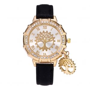 Montre Zhoulianfa Pour Femme, Bracelet En Pu, Cadran Rond Avec Strass, Noire - Neuf