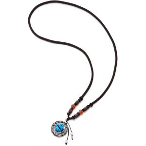 Kal-Boho Chic Collier Bleu Pierre Mauvais Les Yeux Rond M&eacute;daille Pendentif - Boh&eacute;mien Coton Corde - Homme Femme - Neuf