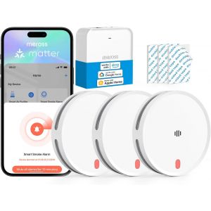 Meross Matter D&eacute;tecteur de Fum&eacute;e Connect&eacute;, Alarme Incendie Intelligente Wi-FI avec Double capteur Optique, D&eacute;tecteur Fum&eacute;e avec Alerte APP, Maillage 0,8 mm, 33 mm, avec Hub MSH450, 3 Pi&egrave;ces - Neuf