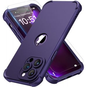 Maa-Coque Pour Iphone 14 Pro Max + 2 Pièces Verre Trempé Protection Écran, Antichoc Souple Silicone Tpu Arrière Rigide Pc Avant Housse De Protection Pour Iphone 14 Pro Max 6,7"" Violet Foncé - Neuf
