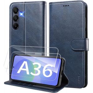 KAL-Coque Pour Samsung Galaxy A36 5G Etui Coque Avec 2 Verre Trempé Porte Carte Clapet À Rabat Portefeuille Cuir Case Housse Protection Flip Cover Étui Coque Pour Samsung Galaxy A36 5G,Bleu - Neuf