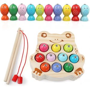 KAL-Jouet Enfant 3 Ans,Jeux En Bois Montessori Bebe,Jouet Magnetique Avec 10 Poissons Et 2 Cannes A Pêche,Jouets D'Activite Educatif Pour 3 4 5 6 Ans Cadeau Excellent Garçon Fille - Neuf