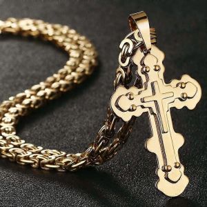 Mâle Couleur Or Acier Inoxydable Byzantin Chaîne Croix Pendentif Collier Bijoux Colliers De Moda Pour Hommes Forts Collier Orthodoxe - Neuf