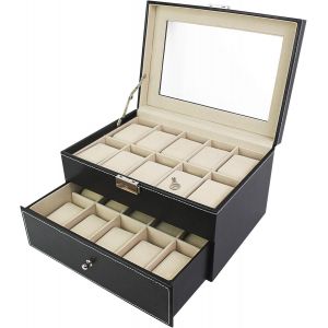 Jexnovashop-Coffret &Agrave; Montres, Boite Pour Montres Et Bracelets - Dimensions: 28,5 X 20,5 X 15 Cm - Mat&eacute;riau De La Bo&icirc;te: Verre - 20 Montres Avec Vitre Et Tiroir, Noir/Beige - Neuf