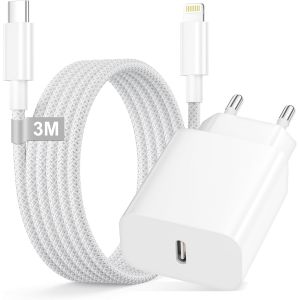 JGD-Chargeur Rapide iPhone, Chargeur iPhone avec C&acirc;ble Lightning 3M pour iphone 14/13/12/11/ Pro Max/SE/X/8,25W C-hargeur USB C Rapide Prise Secteur USB C Adaptateur Secteur Adaptateur IPhone - Neuf