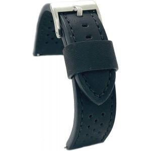 Kal-Bracelet Cuir Veau Lisse Perfor&eacute; Style Rally Racing U2013 Vintage U2013 Couture Noire, Blanche, Rouge Ou Bleue U2013 Tailles 20mm 22mm 24mm U2013 Noir U2013 Design Sportif Classique 398 - Neuf