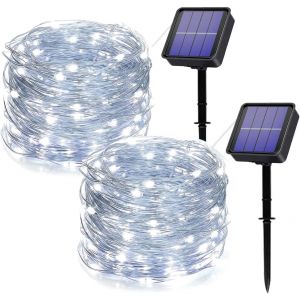 Kal-[Lot De 2] Guirlande Lumineuse Exterieur Solaire,2x14m 120 Led Guirlande Guinguette Solaire Exterieure Étanche 8 Modes Décoration Lumière Pour Jardin, Cour, Maison, Noël, Mariage, Fête(Blanc) - Neuf