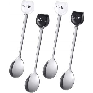 Lot De 4 Cuillères À Thé En Acier Inoxydable, Tête De Chat, Cuillère À Chat, Cuillère Mignonne, Cuillère À Dessert Pour Crème Glacée, Thé Dessert, Café, Sucre (Noir, Blanc) - Neuf