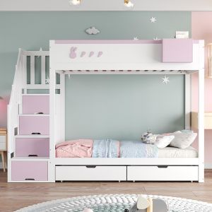 Lit Superposé Enfant 90x200cm Motifs Lapins - Tiroirs/Échelle - Blanc+Rose - Neuf