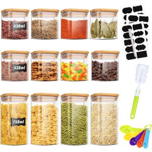 Jexnovashop-Bocaux En Verre Lot De 12, 430ml/750ml, Avec Couvercle, Pots De Rangement Cuisine Pour &Eacute;pice, Spaghetti, Caf&eacute;, C&eacute;r&eacute;ales - Neuf