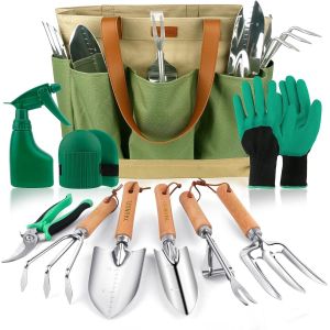JEXNOVASHOP-Ensemble d'Outils de Jardinage, 10 Pi&egrave;ces en Acier Inoxydable &agrave; Usage intensif avec poign&eacute;e en Bois antid&eacute;rapante - Cadeaux pour Les Femmes et Les Hommes, Vert - Neuf