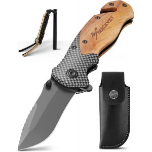 K19 Couteau Pliant-Couteau En Bois Et Titane Pour L'extérieur Et La Survie-Couteau De Survie 3-En-1 Avec Brise-Vitre Et Coupe-Ceinture - Neuf