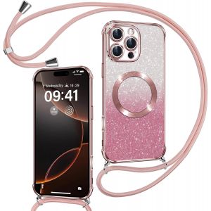 TRAHOO-Couqe Magn&eacute;tique pour iPhone 16 Pro Max Con Cordon, Compatible avec MagSafe, Brillant Glitter Paillet&eacute; Antichoc Durable R&eacute;sistante Etui Housse pour iPhone 16 Pro Max Bumper, Rose - Neuf