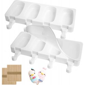 Kal-Lot De 2 Moules A Glace Silicone, Moule Magnum Cake, Popsicle Moule Avec 2 Couvercles Et 100 Bâtonnets En Bois Pour La Crème Glacée Diy (Blanc) - Neuf