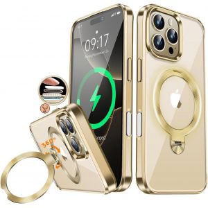 KWEY-[Anneau en M&eacute;tal CD & 360&deg; Rotation Support Invisible] Coque Magn&eacute;tique pour iPhone 16 Pro [Compatible Magsafe] [Pare-Chocs Antichoc Galvanis&eacute;] Coque Fine Transparente avec Support u2013 Or de - Neuf