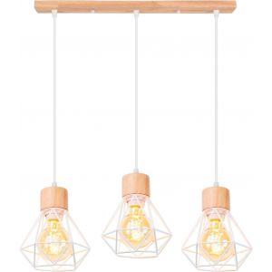 Kal-3 Lampes Suspension Luminaire Industrielle E27 Plafonnier Vintage Lustre Abat-Jour En Métal Et Bois Ø160mm Rétro Pour Salon Cuisine Chambre (Barre 50cm-En Bois) - Neuf