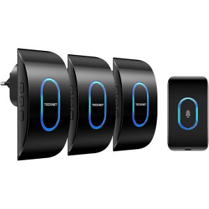 Sonnette sans Fil Exterieur Etanche avec 3 Récepteurs, IP65 Etanche Carillon, Portée de 400M, 60 Mélodies et 5 Niveaux Volume, Indicateur LED Bleu, pour Maison, Hôtel -Noir - Neuf