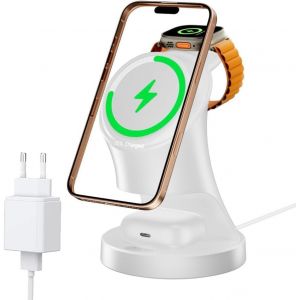 Charging Station For Apple Watch And Iphone, 3 In 1 Wireless Charger, Inductive Charging Station/Wireless Charger For Magsafe Iphone 16/15/14/13/12, Airpods Pro (White) - Neuf