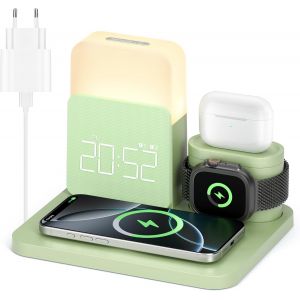 Station De Charge 3 En 1 Pour Apple Watch Iphone Airpods, Chargeur Rapide Sans Fil 15W Pour Iphone 17/16/15/14/13, Lampe De Chevet Avec Fonction De Charge, R&eacute;veil Avec Station De Charge-Vert - Neuf
