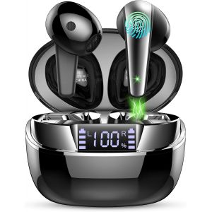 KALANKA-Casque Bluetooth sans Fil, &Eacute;couteurs Intra-Auriculaires Bluetooth 5.3, HiFi St&eacute;r&eacute;o, 47H d'Autonomie, R&eacute;duction de Bruit ENC, IP7 R&eacute;sistant &agrave; l'eau, Contr&ocirc;le Tactile USB-C, Noir Argent - Neuf