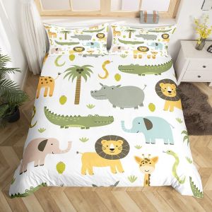 Sjzg-Wildlife Parure De Lit Wildlife Literie Set Gar&ccedil;on Fille Adolescent Mignon Hippopotame Crocodile Lion Housse De Couette 200x200cm Enfants Dessin Anim&eacute; &Eacute;l&eacute;phant Girafe Literie - Neuf