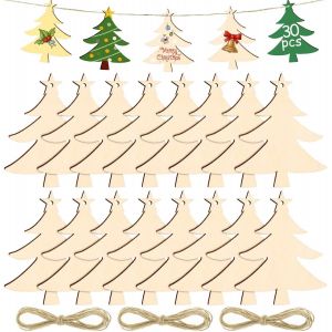 30 Pcs Suspension Bois De Noël,Pendentifs En Bois Bricolage Avec Ficelle Pour Décorations Arbre De Noel(Sapin De Noël) - Neuf