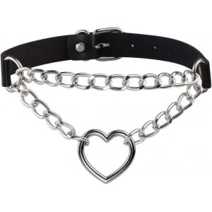 Kal-Choker Punk Gothique Cuir Pu Ras De Cou À Chaîne Coeur Collier Rock Femme Homme Réglable - Neuf