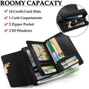 CAUC-Portefeuille Femme Cuir Format Paysage Femmes Porte Monnaie RFID Blocage Haute Capacité Portefeuille pour Femmes avec Fermeture éclair,14 Emplacements de Carte (Noir) - Neuf