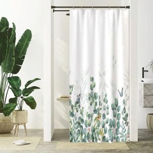 TIANYI-Rideau Douche Anti Moisissure, Rideau de Douche &Eacute;troit 90x180cm Vert Feuilles d'eucalyptus Papillon Petit Rideaux de Baignoire Tissu Lavable Imperm&eacute;able Rideaux Salle de Bain avec 6 Crochets - Neuf