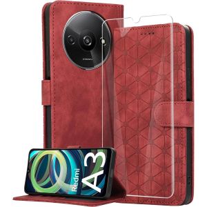 KAL-Coque Pour Xiaomi Redmi A3 4G Avec Verre Tremp&eacute;,Housse En Cuir Pu Porte Carte Portefeuille, Etui De Protection &Agrave; Rabat Magn&eacute;tique,Pochette Fermeture Anti-Choc - Rouge - Neuf