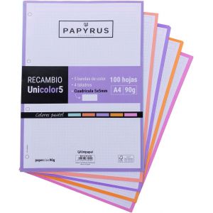53392398 Recharge De 100 Feuilles A4, 5 Bandes De Couleurs Pastel, Quadrillage 5 X 5, 90 G, Papyrus - Unicolore 5[Z181] - Neuf