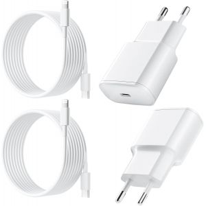 Lot de 2 chargeurs USB C PD 3.0 pour iPhone 14/13/12/11/Pro/Pro Max/iPad 5/6/7/8/9/Mini 2/3/4/5 25 W - Neuf
