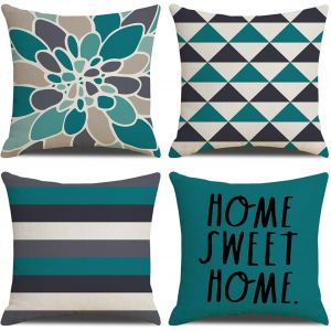 Trahoo-Housse Coussin Bleu Canard 40x40, Lot De 4 Housse De Coussin Home Sweet Home Taie Coussin Bleu Canard En Lin - Neuf