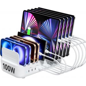 CMJAAGUR-Station De Charge Multiple Usb C ,Station De Charge Rapide 100W À 10 Ports Pour Plusieurs Appareils Avec Séparateurs Réglables,Organisateur De Chargeur Pour Téléphone,Tablette,Kindl[M1015] - Neuf