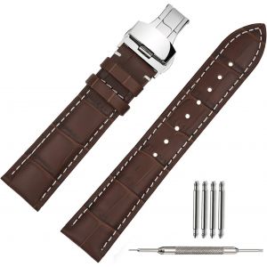 Kal-Montre Bracelet En Cuir 20mm - Noir Bande En Cuir De Veau Pour Homme Femme Vintage Retro - Bracelet De Montre Remplacement Avec Boucle Déployante En Acier Inoxydable - 18mm 19mm 21mm 22mm - Neuf