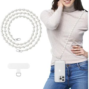 KAL-Lanière Universelle Pour Téléphone, Chaîne En Perles Anti-Vol Détachable Pour Femmes, Cordons De Téléphone À Porter Autour Du Cou Avec Patchs Pour Iphone Et Smartphones, B-Blanc - Neuf