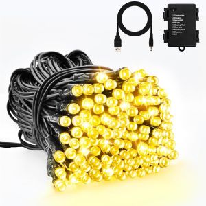 TRAHOO-Guirlande lumineuse &agrave; piles, 5 m, 50 LED, USB, avec minuterie, 8 modes, &eacute;tanche IP65, blanc chaud, &eacute;clairage de No&euml;l ext&eacute;rieur, pour d&eacute;coration de sapin de No&euml;l, d&eacute;coration de jardin, c&acirc;ble - Neuf