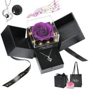 Collier En Argent Sterling S925 + V&eacute;ritable Rose, Collier Pour Femmes Avec Lumi&egrave;re, Cha&icirc;ne De Cou Romantique Avec Pendentif De Je T'aime En 100 Langues En Forme De C?ur, Noir+Violet+Argent - Neuf