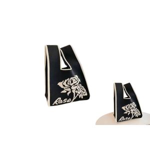 Petit sac cabas en crochet avec anse nou&eacute;e pour vos essentiels - Pochette en maille rose noire - Neuf