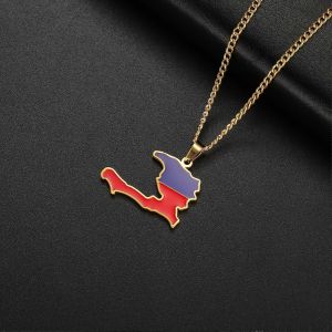 Haïti Carte Couleur Du Drapeau Haïtien Design Créatif Pendentif Collier Femmes Hommes Chaîne En Acier Inoxydable Bijoux Cadeau D'anniversaire - Neuf