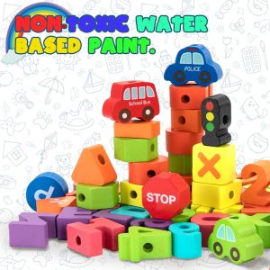 Children's Wooden Threading Toys,75pcs Wooden Lacing Beads Puzzle Educational Game Montessori Fine Motor Skills Birthday Gift for Boys Girls 2 3 4 5 6 Years Old - Neuf