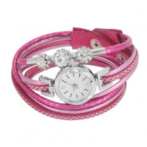 Femmes Strass Pu Sangle Cadran Rond Quartz Bracelet Montre Montre-Bracelet (Rose Rouge) - Neuf