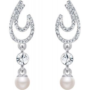 Kal-Femme Boucles D'oreilles Double Demi-Cercle Perle Artificielle Cristal Autrichien Strass Parure Bijoux Mariage - Neuf