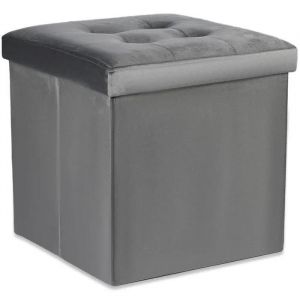 Ravello L Pouf Pliant Avec Boutons - 38x38x38cm Gris Velours - Neuf