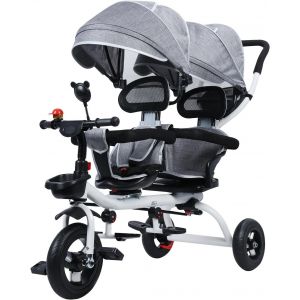 Ksfal-Tricycle Tandem Avec Siège Double Et Auvent,Roue En Caoutchouc Antichoc Anti-Renversement,Poussette Pour Bébé Enfant De 2 À 8 Ans,Tricycle Enfants Comprenant Une Cloche Un Gris - Neuf