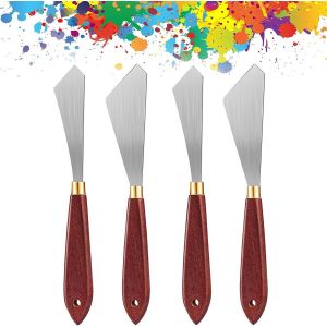 Ensemble de 4 couteaux de peinture, grattoir de mélange de peinture, couteau à palette en acier inoxydable, grattoir d'art de peinture avec manche en bois - Neuf